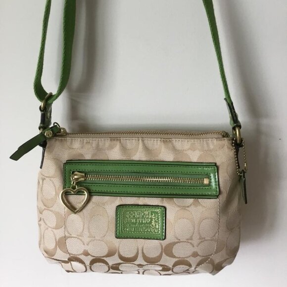 Coach Poppy Signature Canvas Strap Heart Zipper Beige Green Crossbody Bag COA - Picture 1 of 9